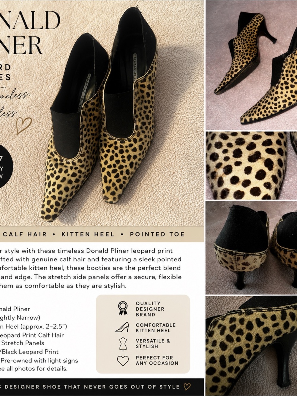 Donald Pliner Leopard Calf Hair Kitten Heel Booties | Size 7 | Chic Animal Print